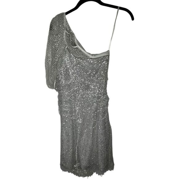 Maeve Reilly x BCBGMAZAZRIA Silver Asymmetrical Mini Dress Size 0 Puff Sleeve - Picture 1 of 12